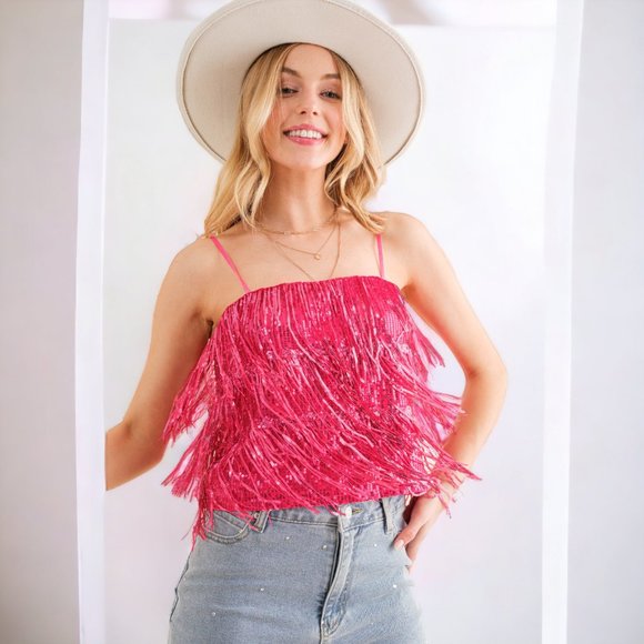 New Pink Fringe Crop Top LAST ONE - Picture 6 of 6